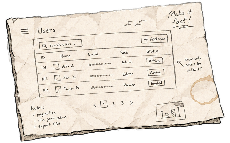 Illustration — a hand-drawn sketch of an app screen, and below it the same screen built and shipped