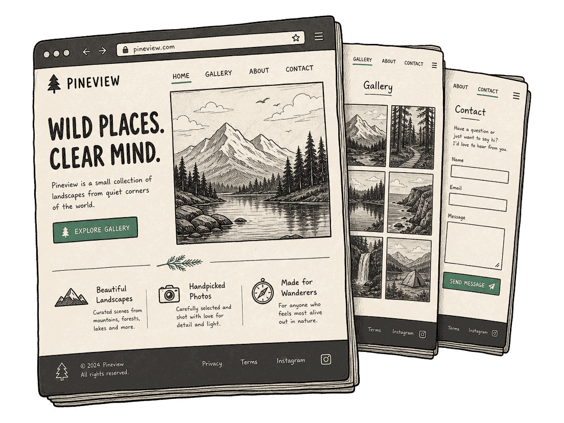 Illustration — a landscape photographer’s website: the home page in a browser window, with the gallery and contact screens on mobile beside it