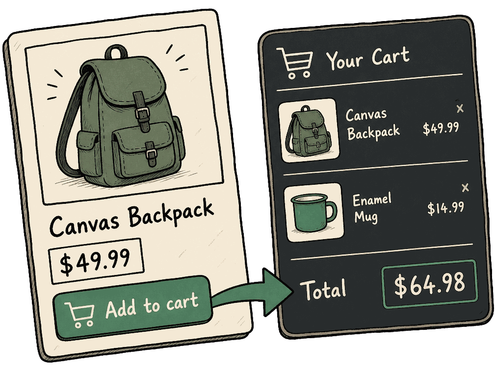 Illustration — an online store: a product card with a backpack and an “add to cart” button, an arrow leading to the cart with the order total
